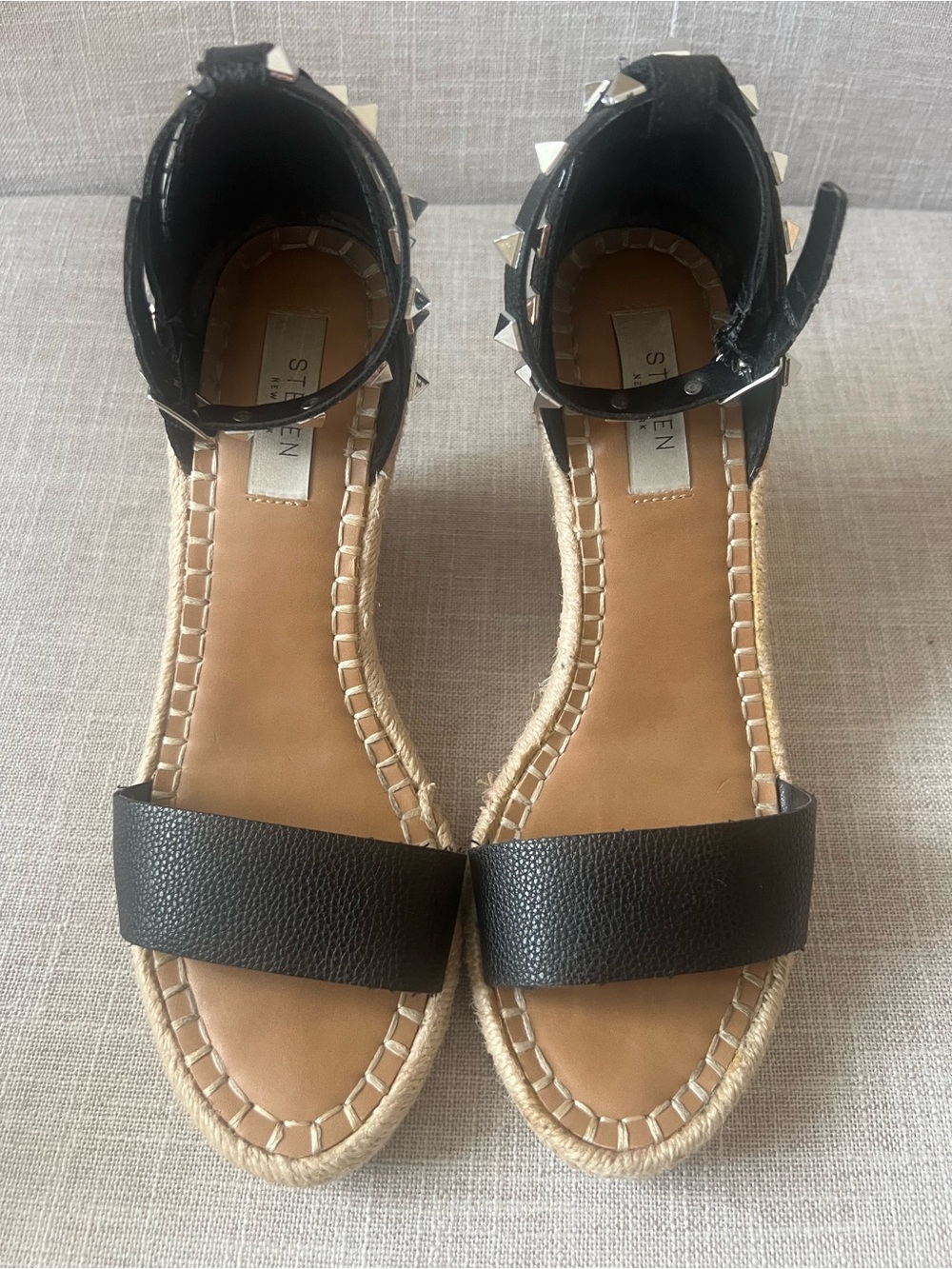 Steven New York Edgy Studded Black Ankle-Strap sandal Wedges, Womens 8.5